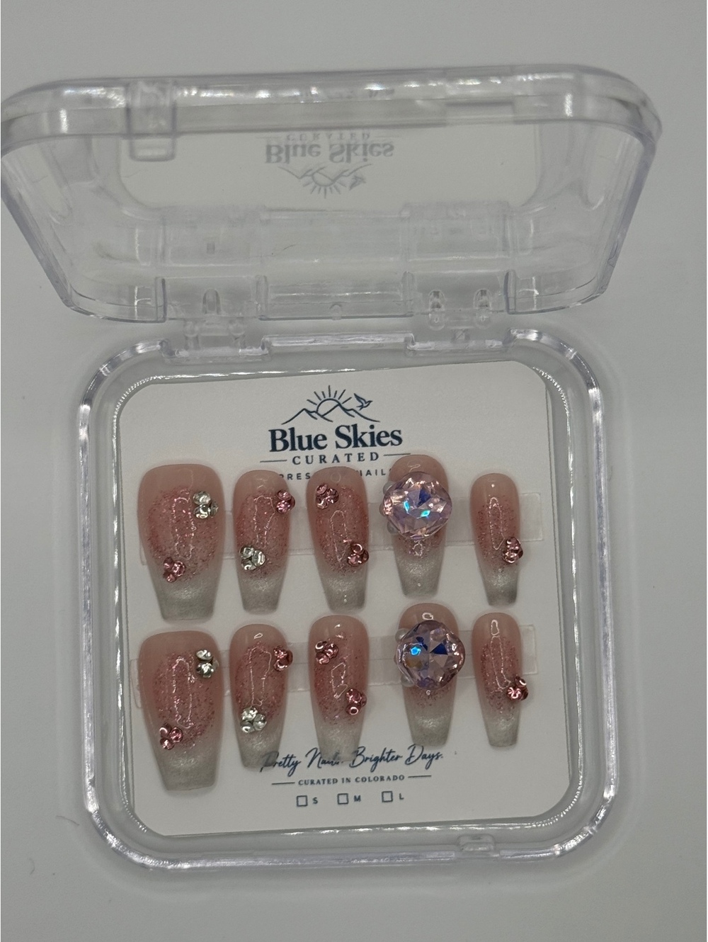 Blushing Crystal Press On Nails Pink Silver Rhinestone Nail Art Handmade 3D Med